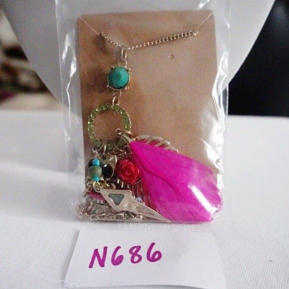 Owl Feather Flower Dangle Pendant Statement Necklace Gold Tone - Picture 5 of 6